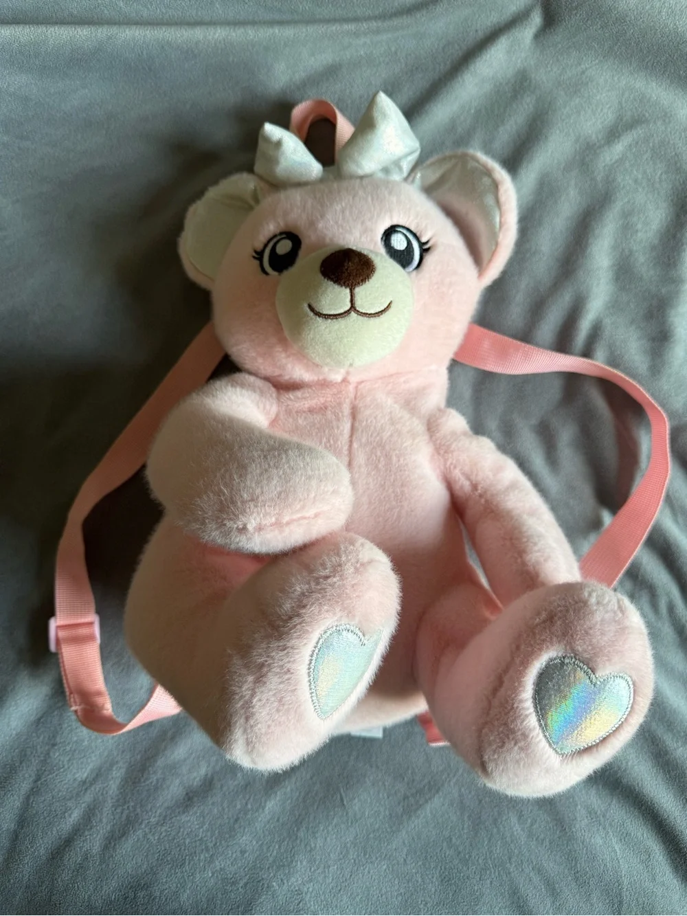 Pastel Pink Plush Teddy Bear Mini Backpack | Kawaii Iridescent Bow & Heart Pads